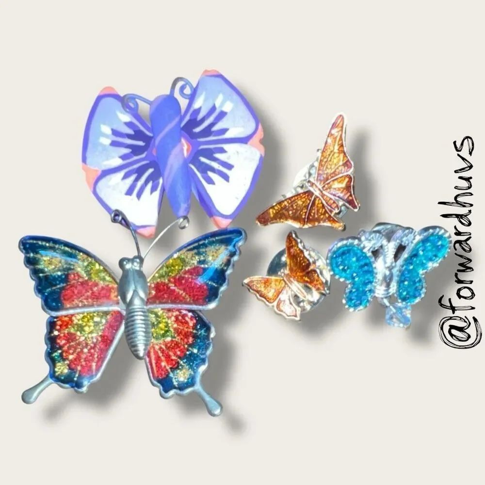 Vintage Butterfly Brooch Set – Lot of 5 – Mixed Metals, Wood & Enamel